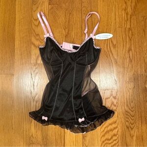 Native Intimates Satiny Black Mesh Pink Lace Bow Teddy Lingerie 36B